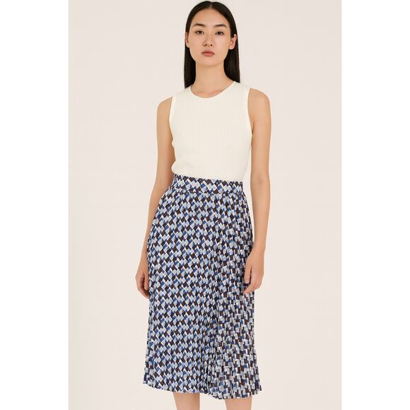 Talbots Pleated Skirt Size XL Geometric Print Midi Blue White Career Classic - Picture 1 of 9